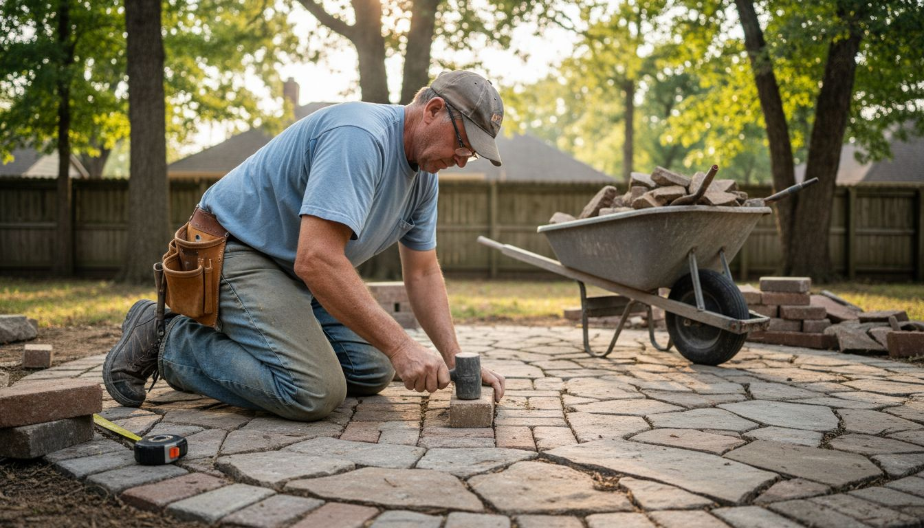 Mason laying stone on backyard patio