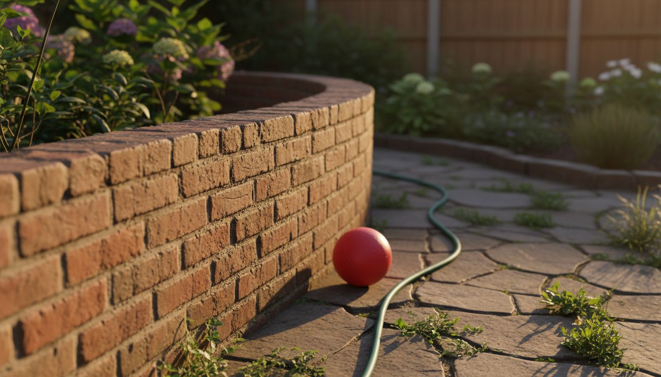 Sunlit brick wall by backyard garden