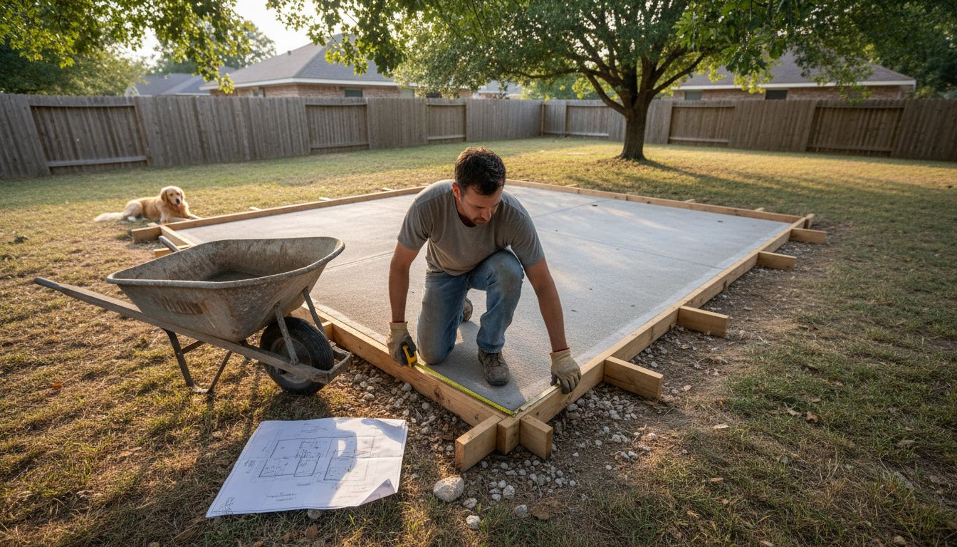 Homeowner measuring formwork of backyard patio