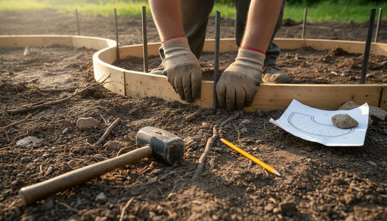 Builder setting curved concrete patio formwork
