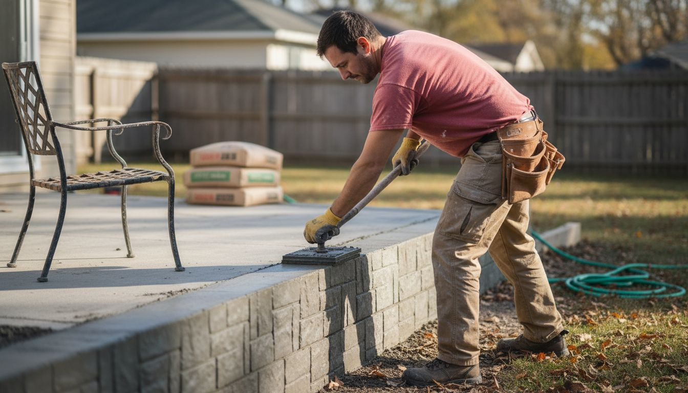 Contractor stamping outdoor concrete wall