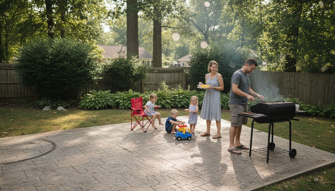 Family relaxes on patterned concrete patio
