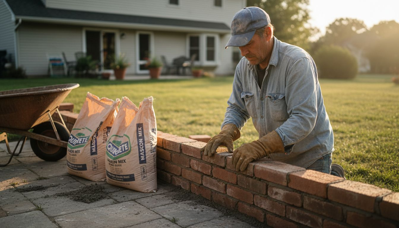 Mason building garden wall with bricks