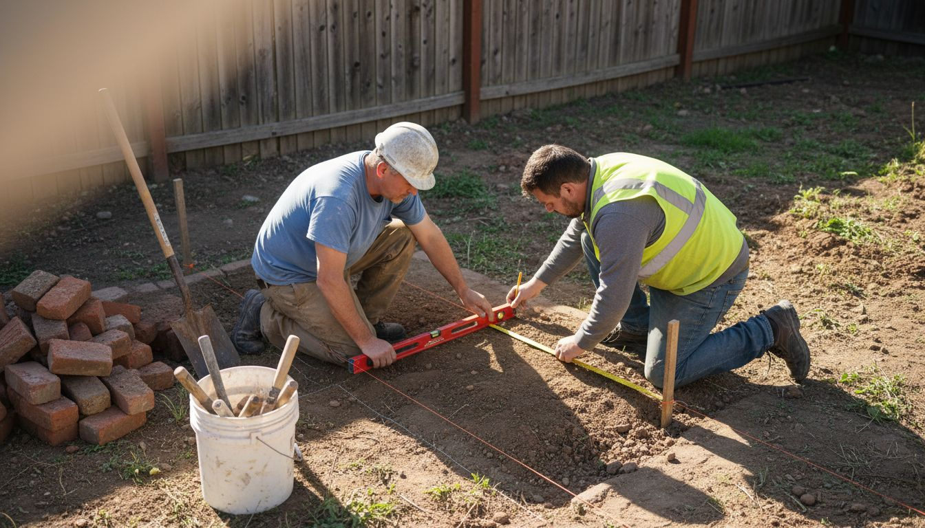 Workers preparing masonry site foundation