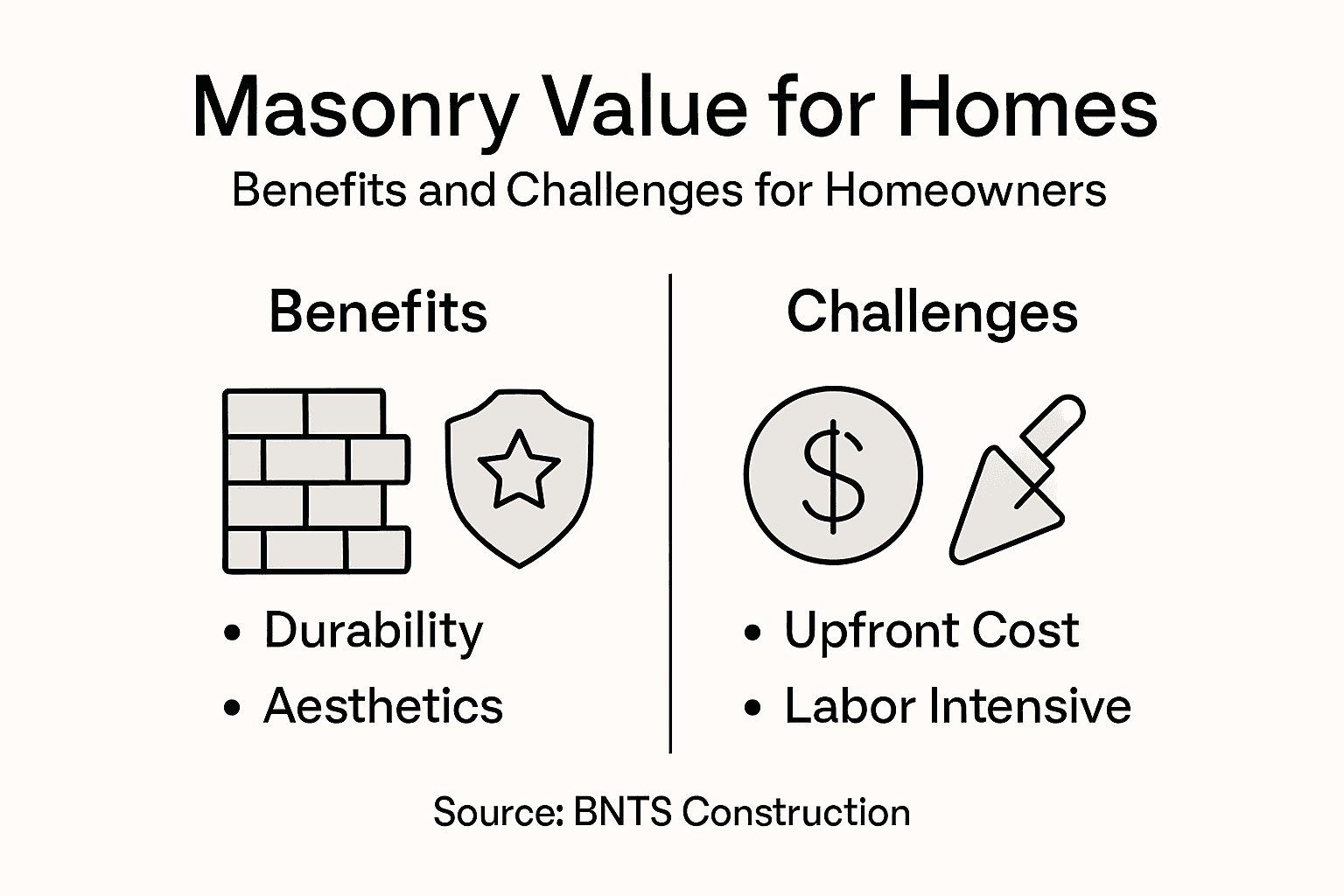 Infographic comparing masonry benefits and challenges