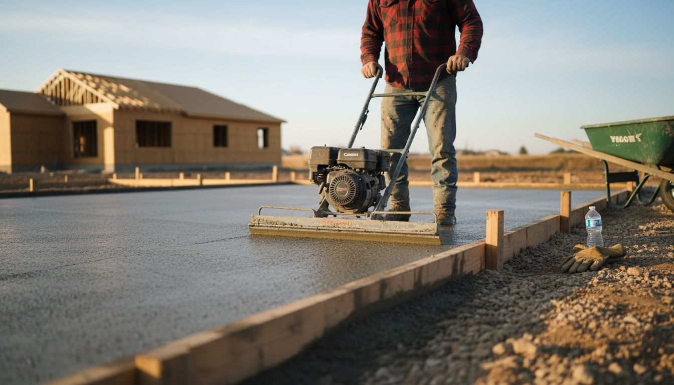 Worker finishing wet concrete slab patio