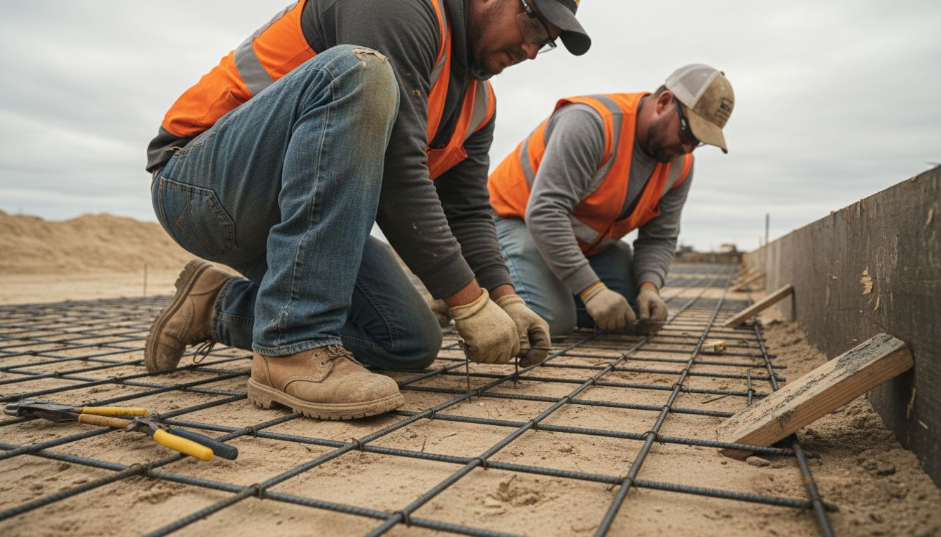 Workers tying steel rebar for concrete slab