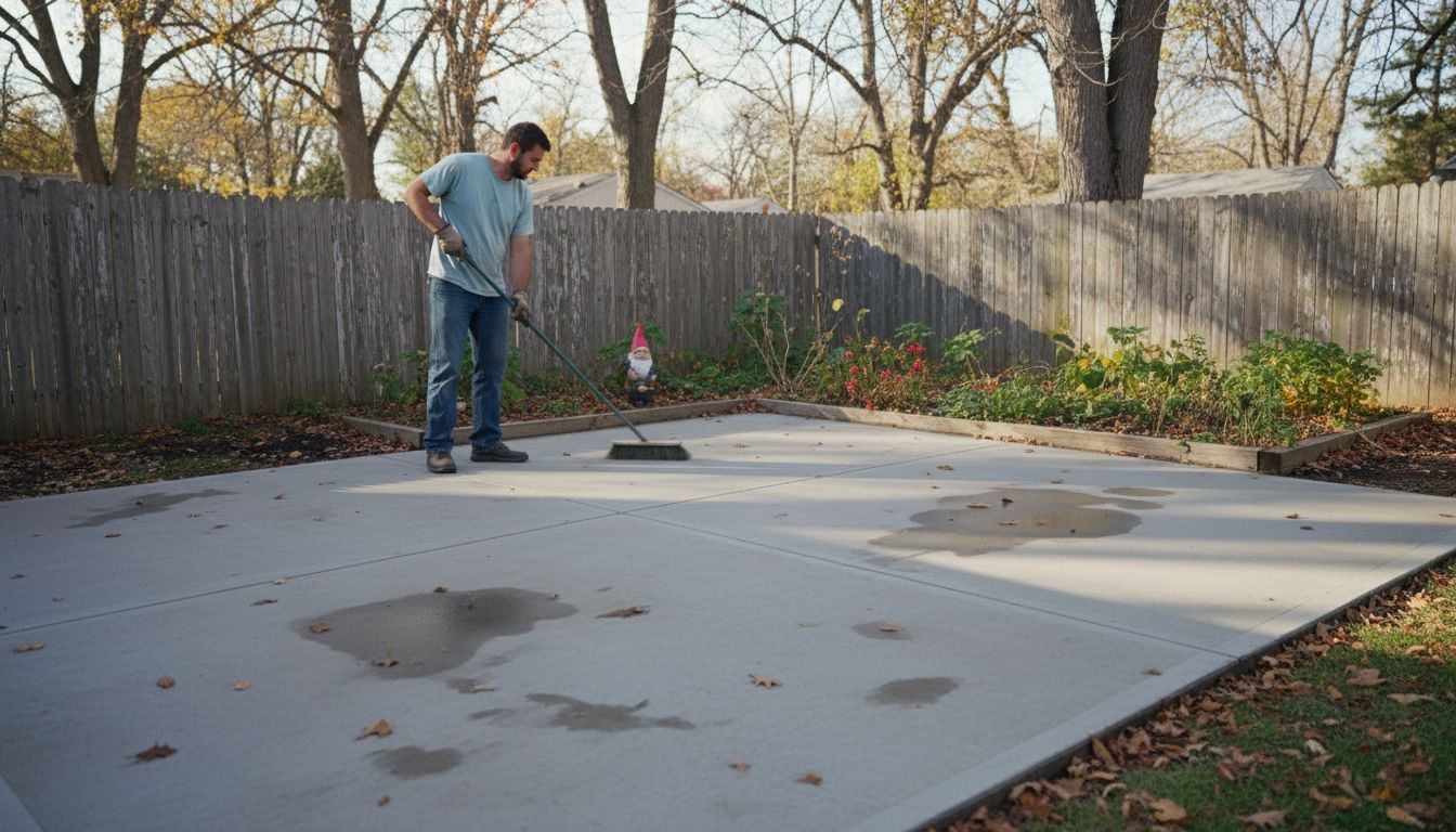 Homeowner maintaining backyard concrete slab patio