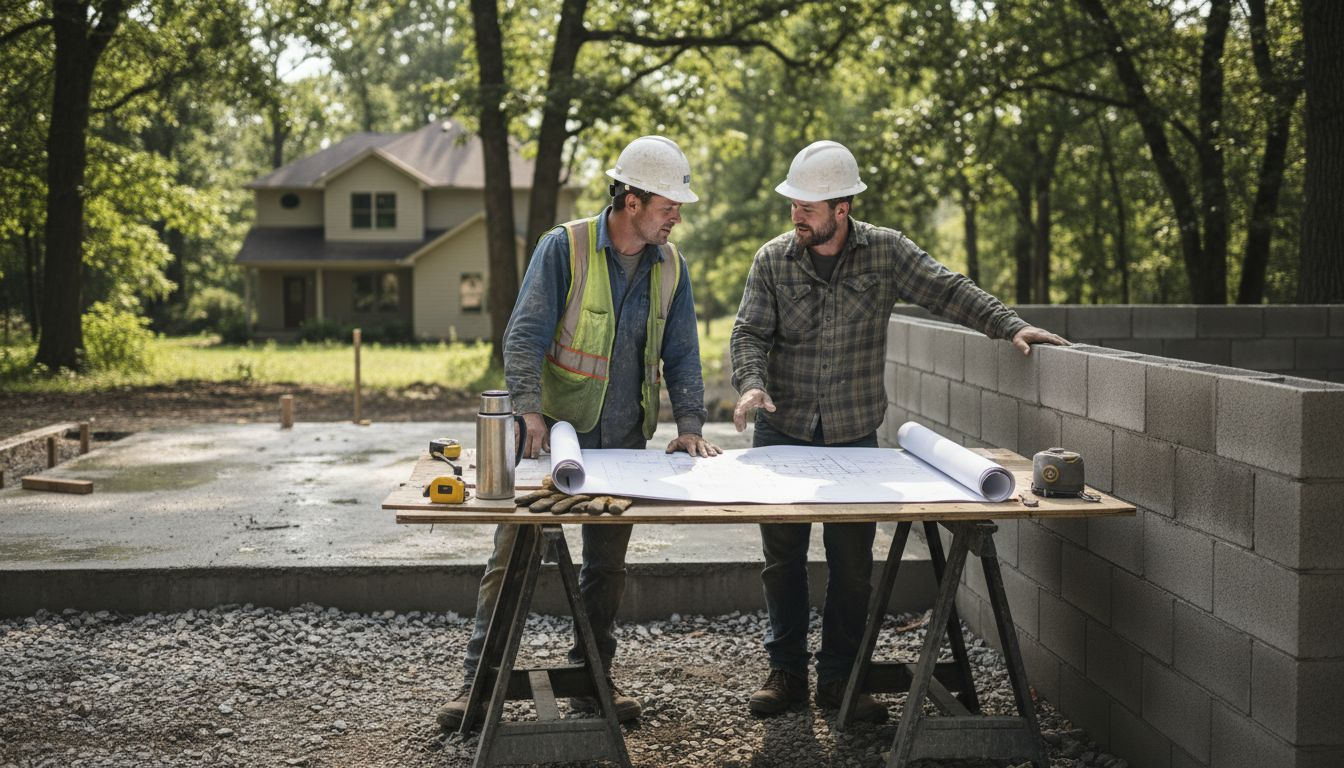 Workers comparing concrete and masonry methods