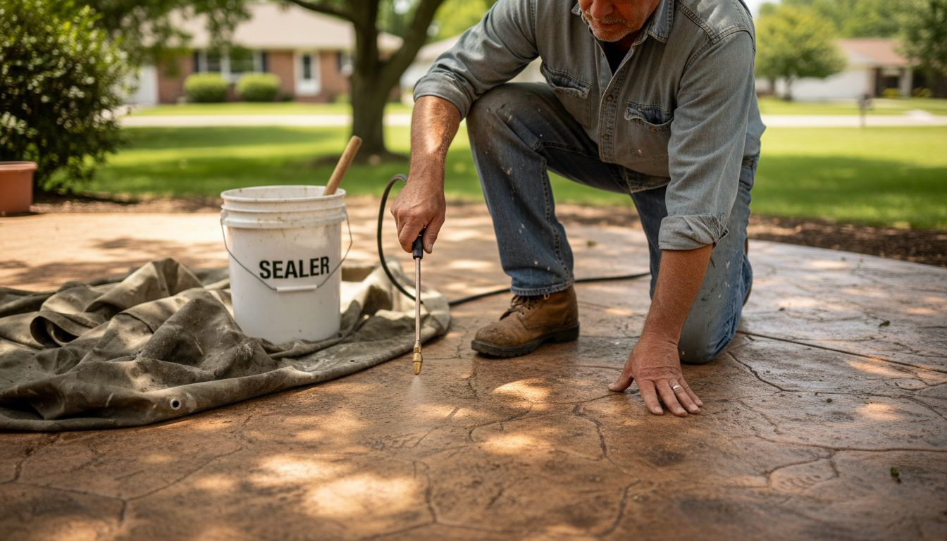 Man sealing stamped concrete patio outdoors