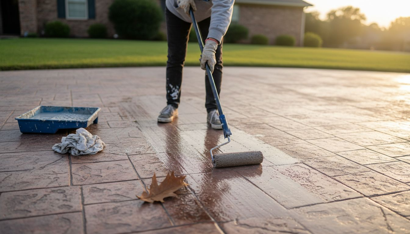 Applying sealer with roller on driveway
