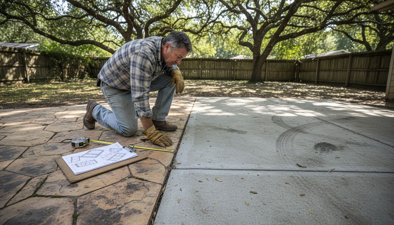 Homeowner comparing stamped and regular concrete patio