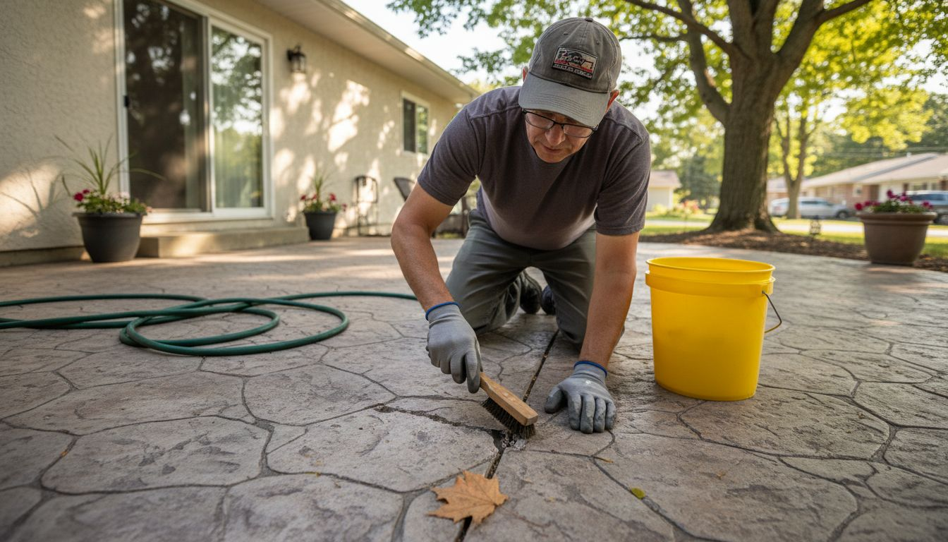 Homeowner examining crack in patio surface