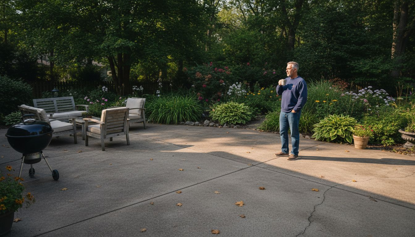 Homeowner enjoying spacious concrete patio outdoors