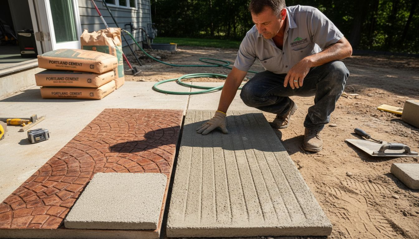 Contractor examining different concrete patio finishes