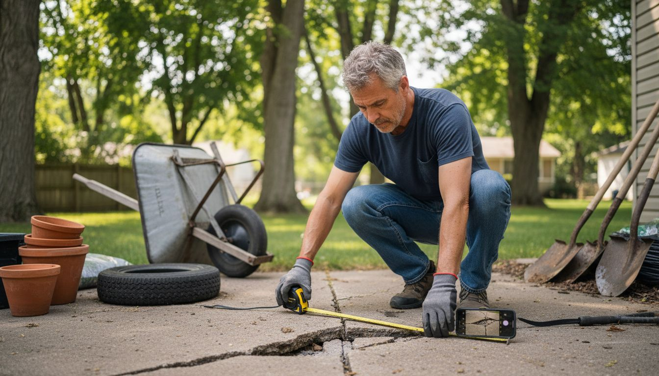 Homeowner inspecting patio concrete crack