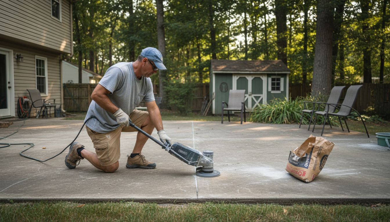 Contractor preparing concrete surface on backyard patio
