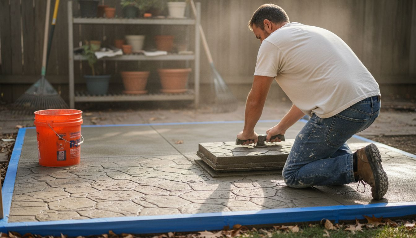 Applying decorative concrete stamp on patio