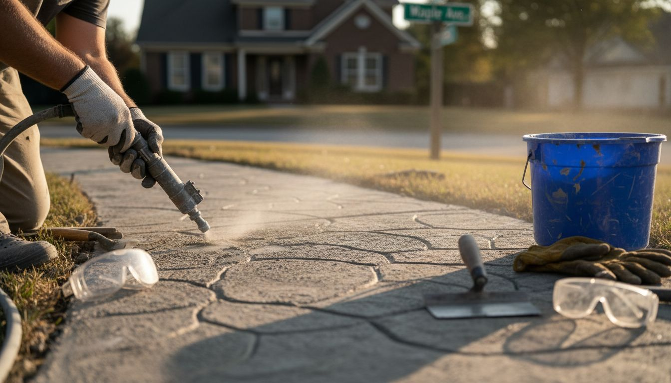 Worker sandblasting concrete walkway detail
