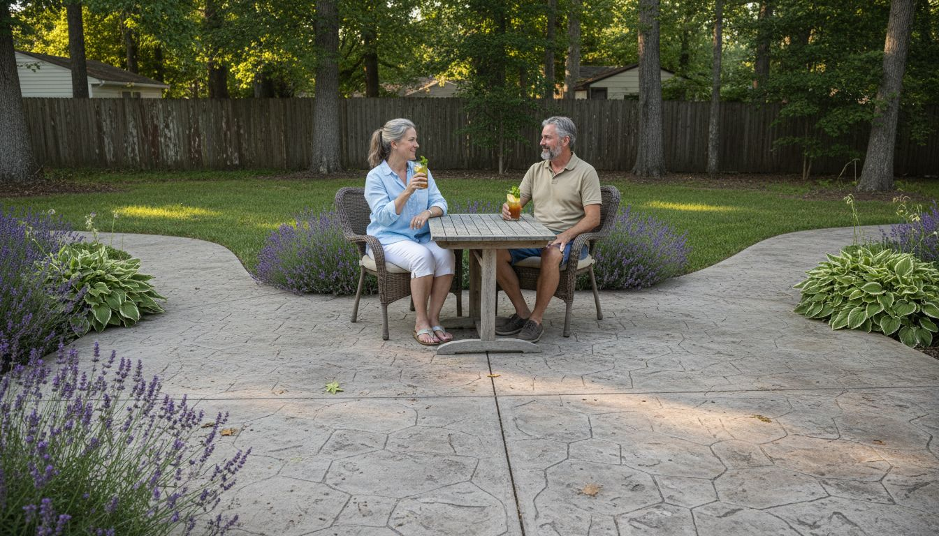 Stamped concrete patio with lush landscaping