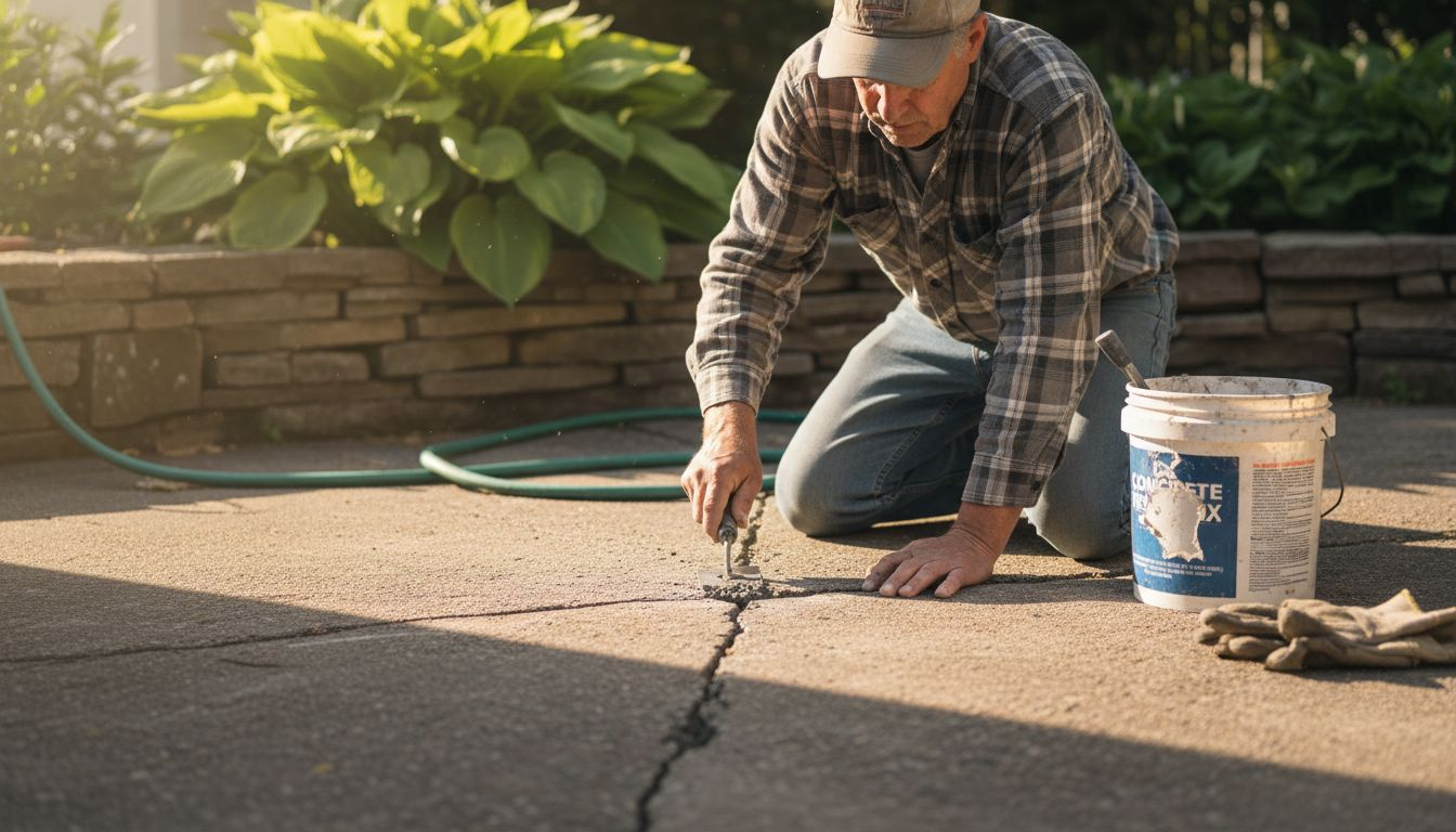 Homeowner repairing cracked backyard concrete patio
