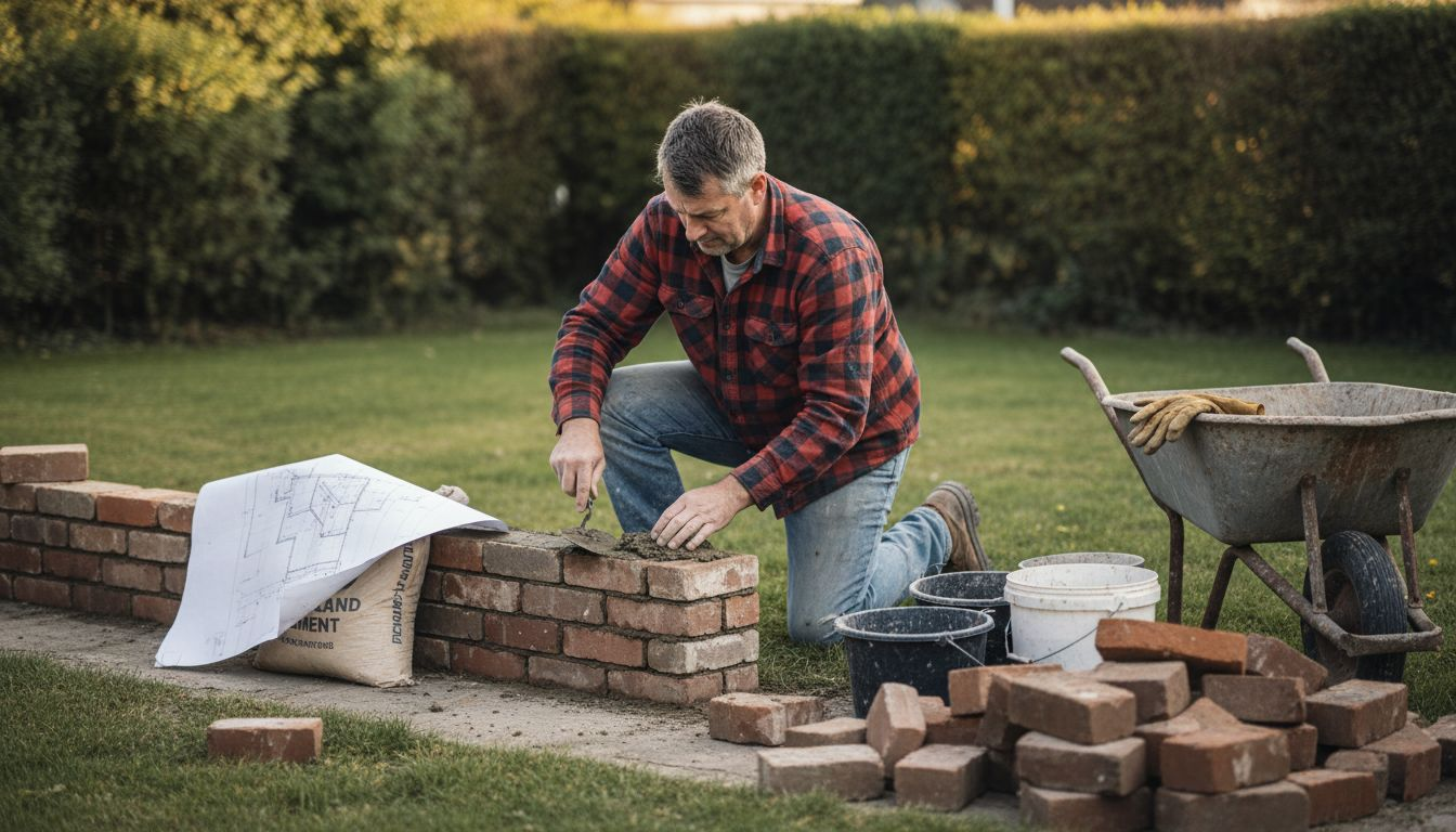Homeowner building brick wall with masonry tools