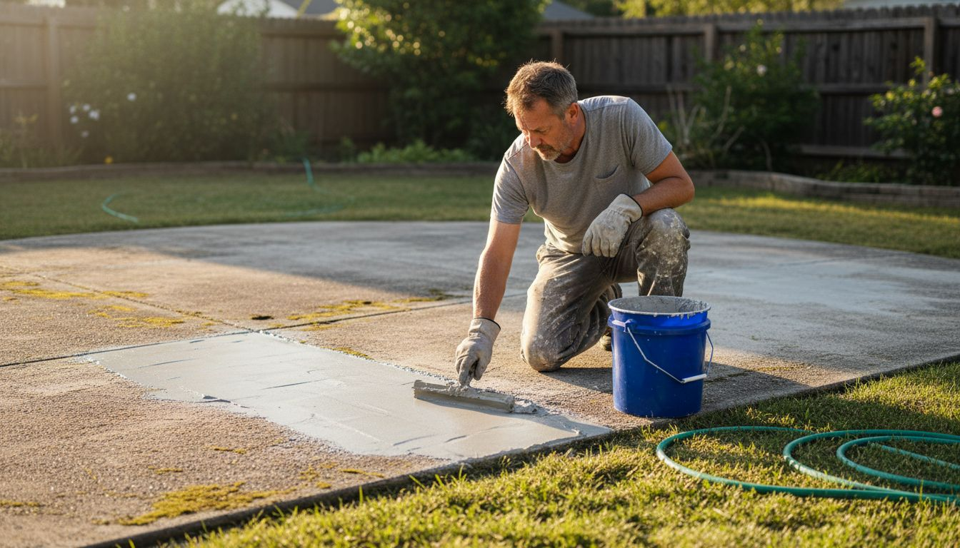 Contractor resurfacing concrete patio outdoors