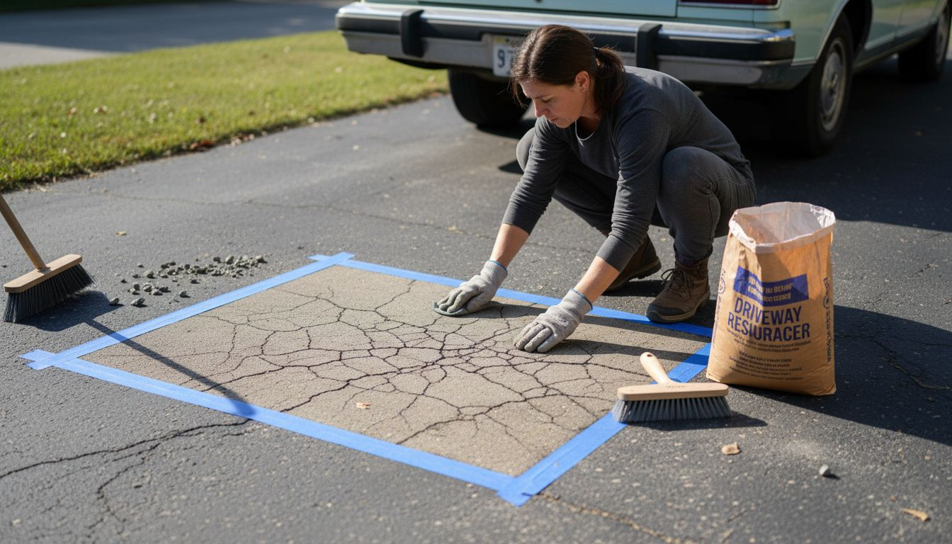 Woman preparing driveway for resurfacing repair