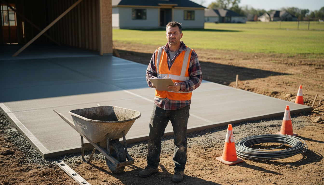 Concrete contractor inspecting residential driveway project