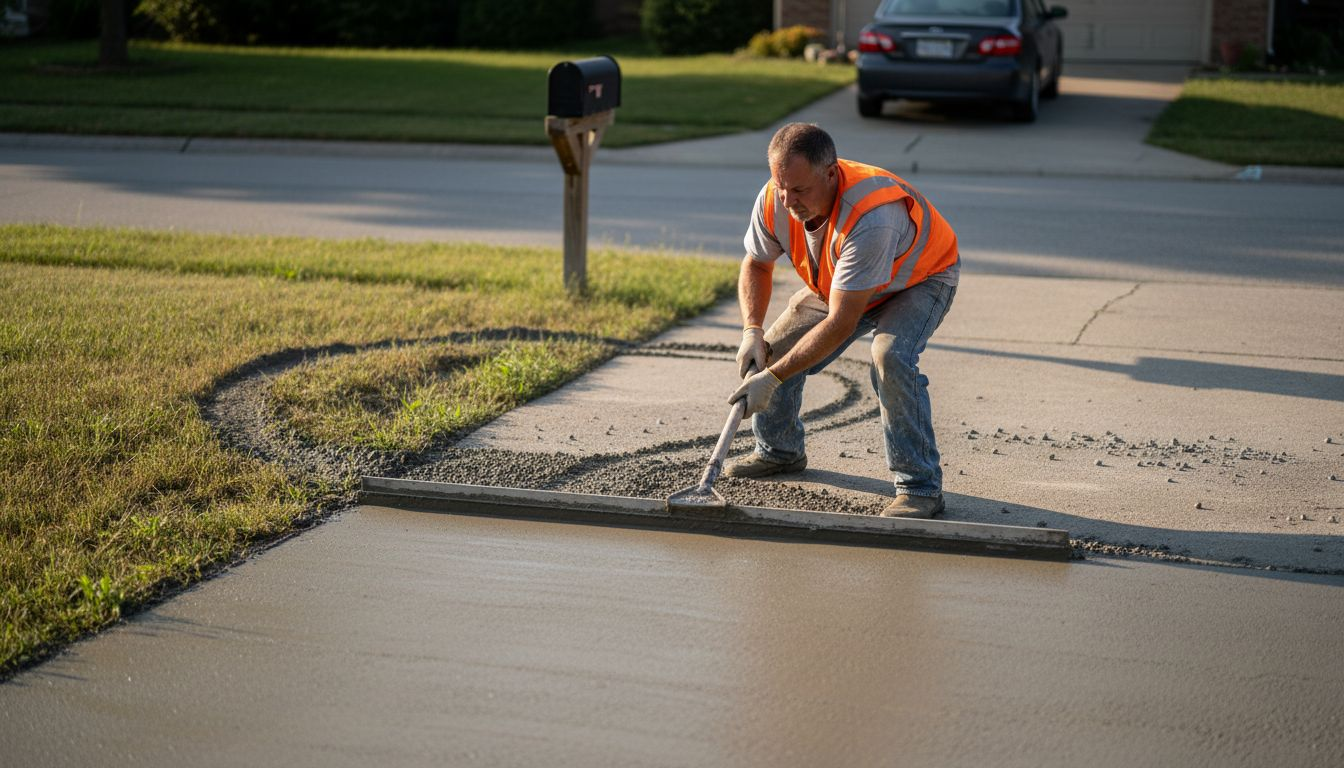 Worker leveling fresh concrete driveway