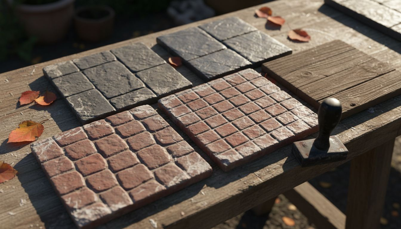 Stamped concrete pattern samples on workbench