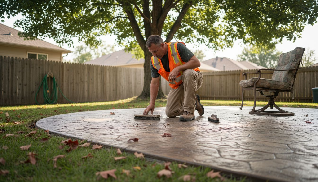 Contractor inspects textured stamped concrete patio