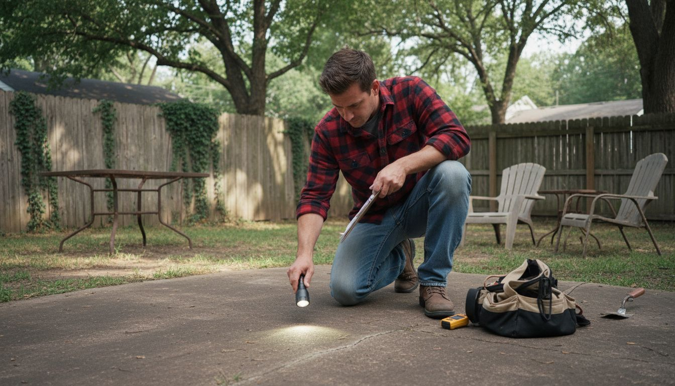 Contractor inspecting outdoor concrete patio