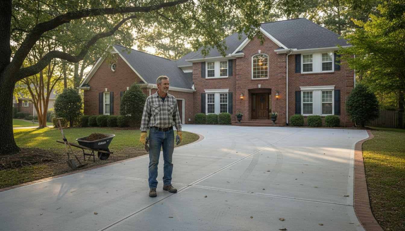 Homeowner admiring new concrete driveway with brick accents