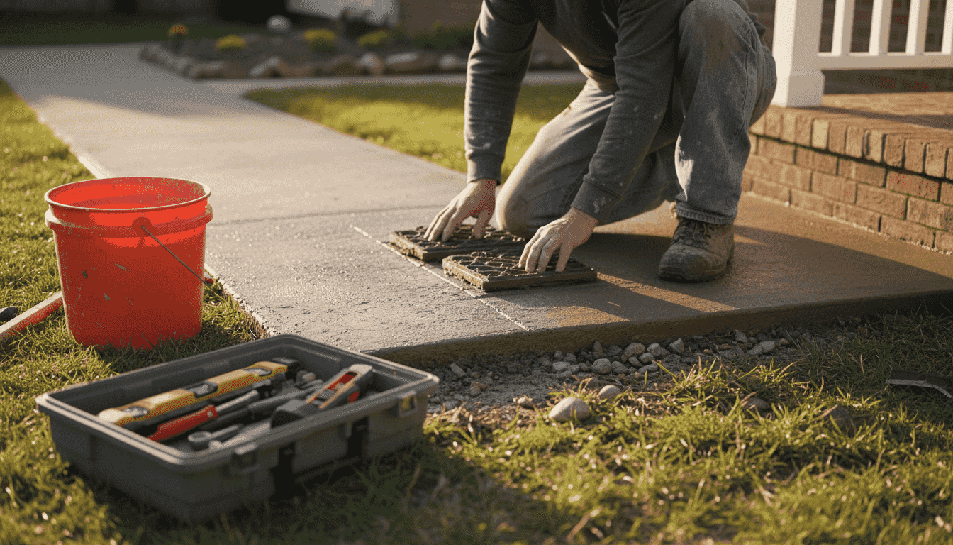 Worker stamping patterned walkway concrete surface