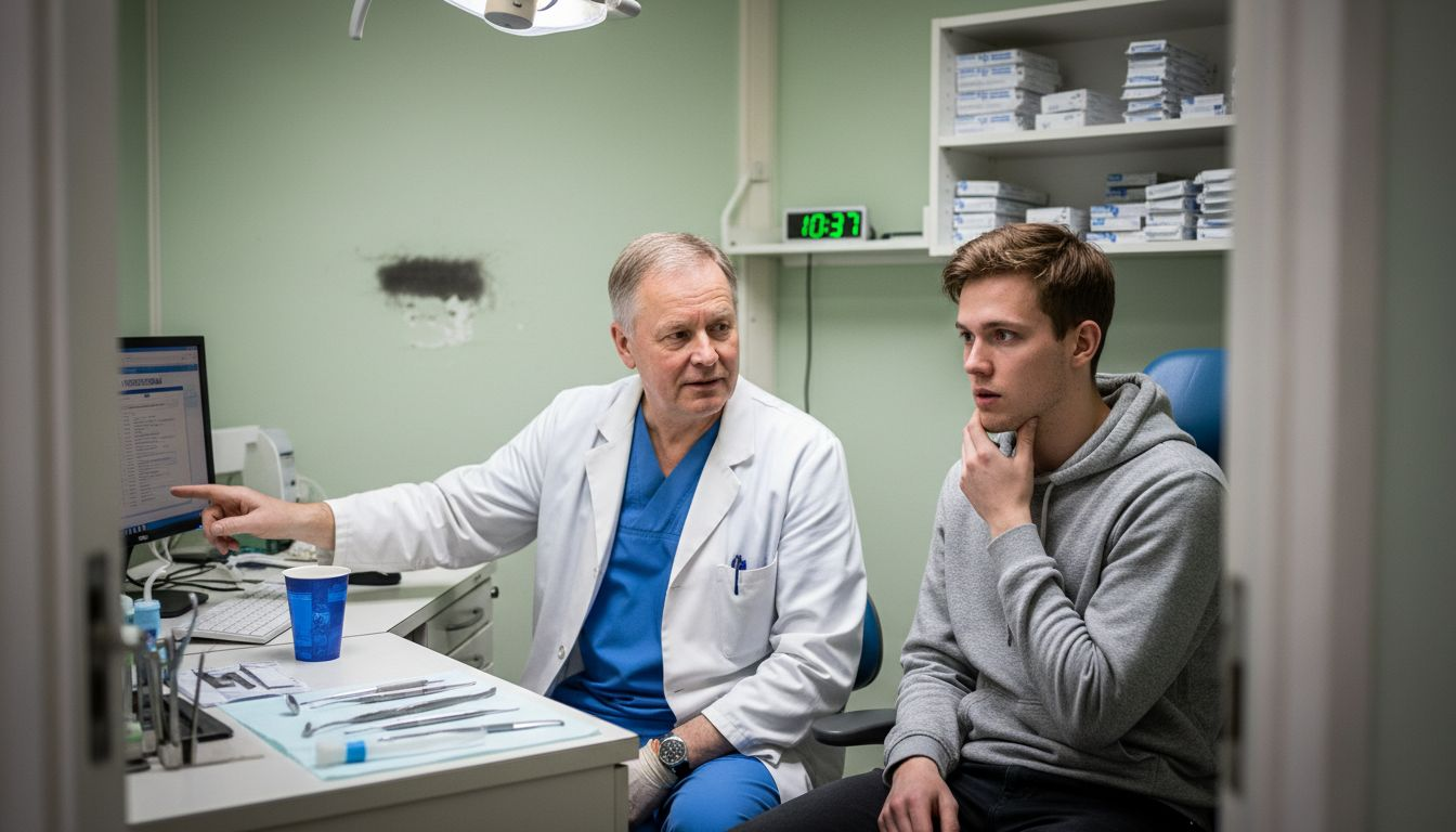En tandläkare samtalar med en patient som sökt akut hjälp inne på behandlingsrummet.