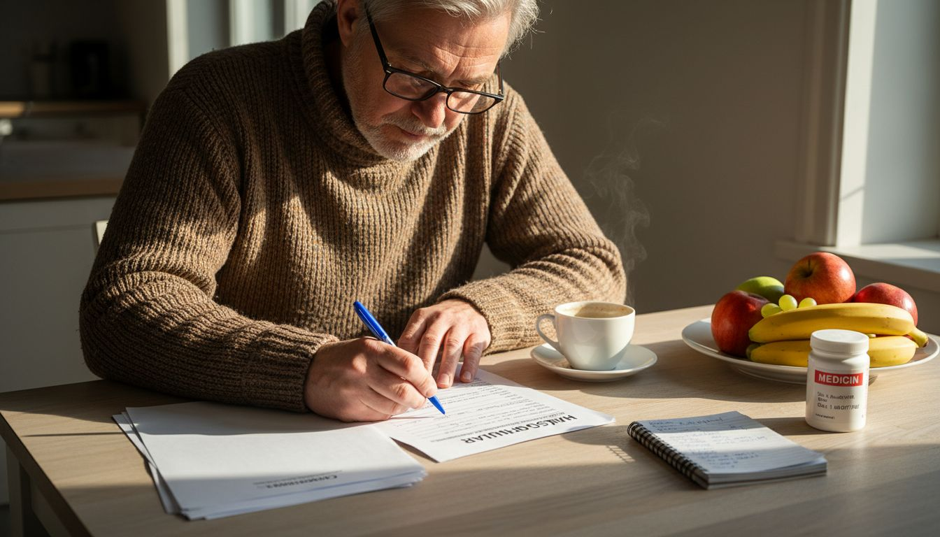 Sitter vid köksbordet och fyller i papper för tandvården.