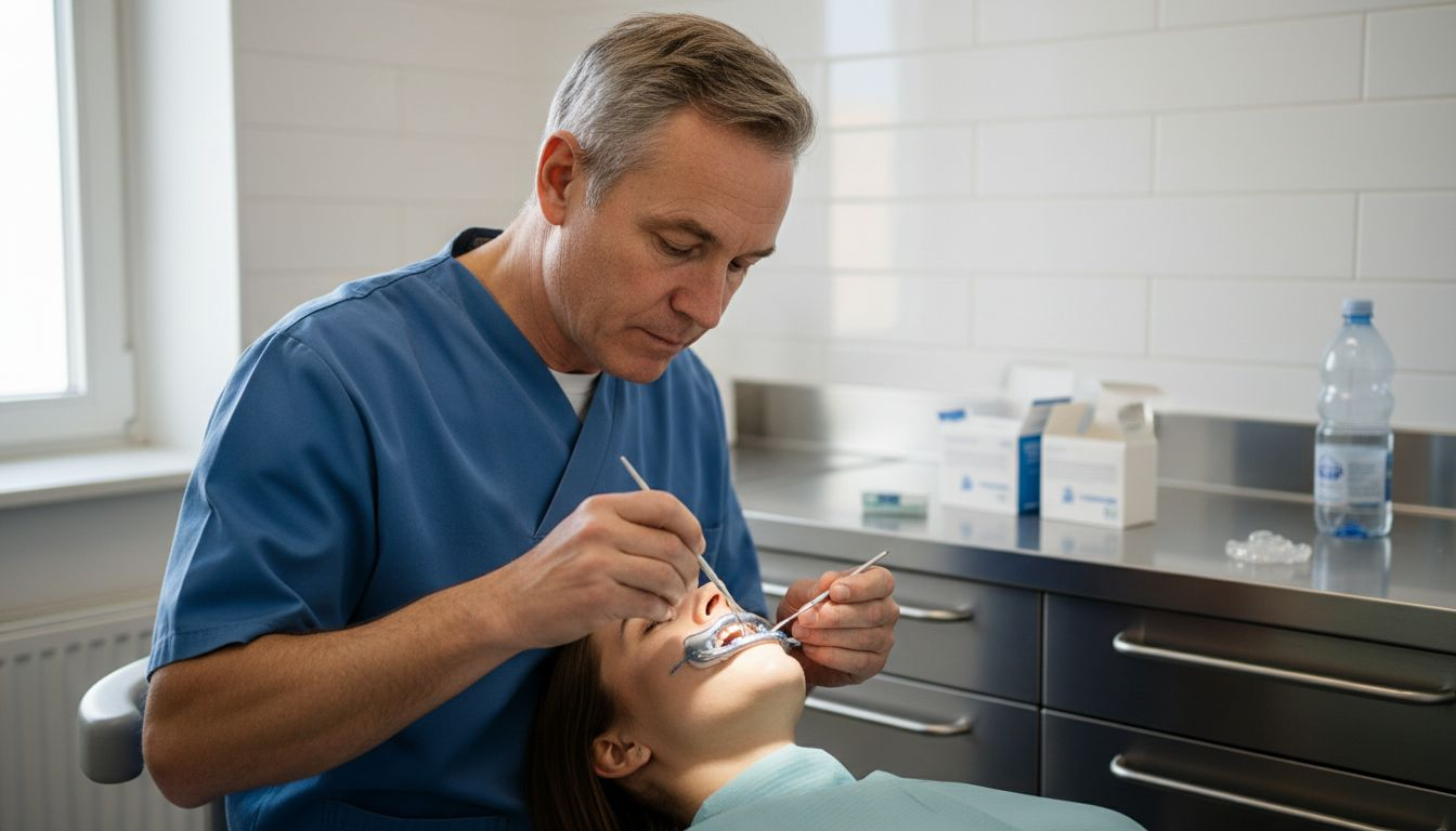 Tandläkaren applicerar gel på patientens tand.