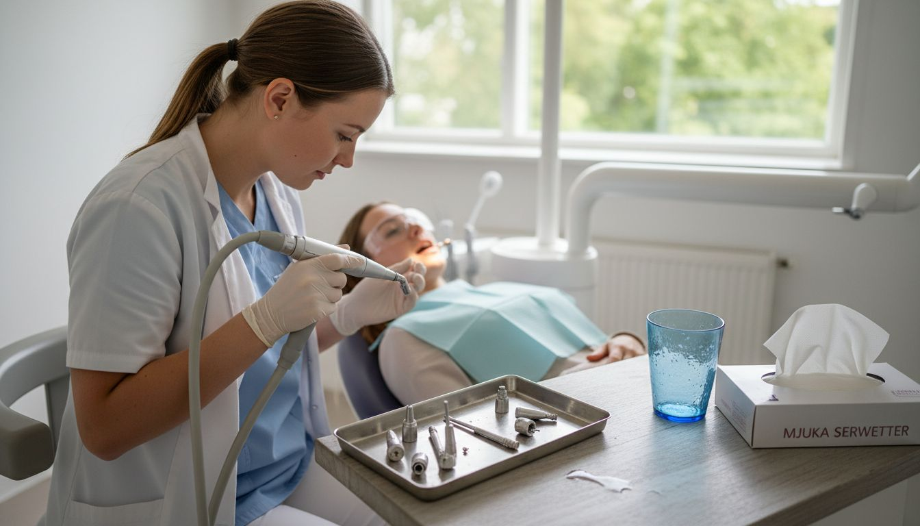 Vid behandlingen använder tandhygienisten luftpolering för att effektivt rengöra tänderna och ta bort missfärgningar.
