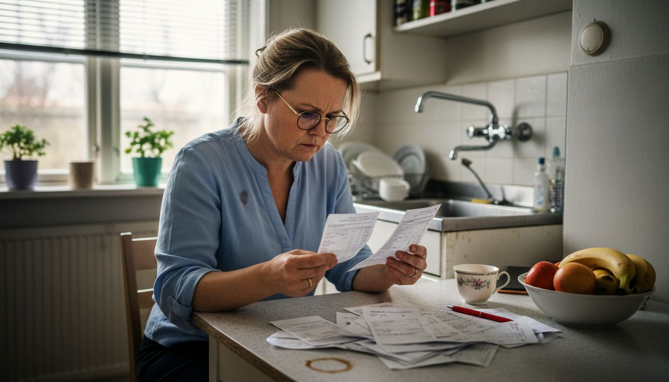 Kvinna samlar och jämför sina kvitton från tandläkaren för att hålla koll på kostnaderna.
