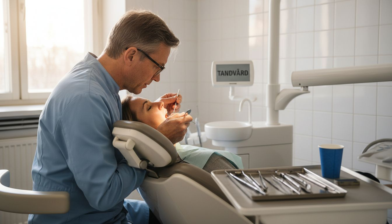 En tandläkare undersöker en patient i ett ljust och modernt behandlingsrum.