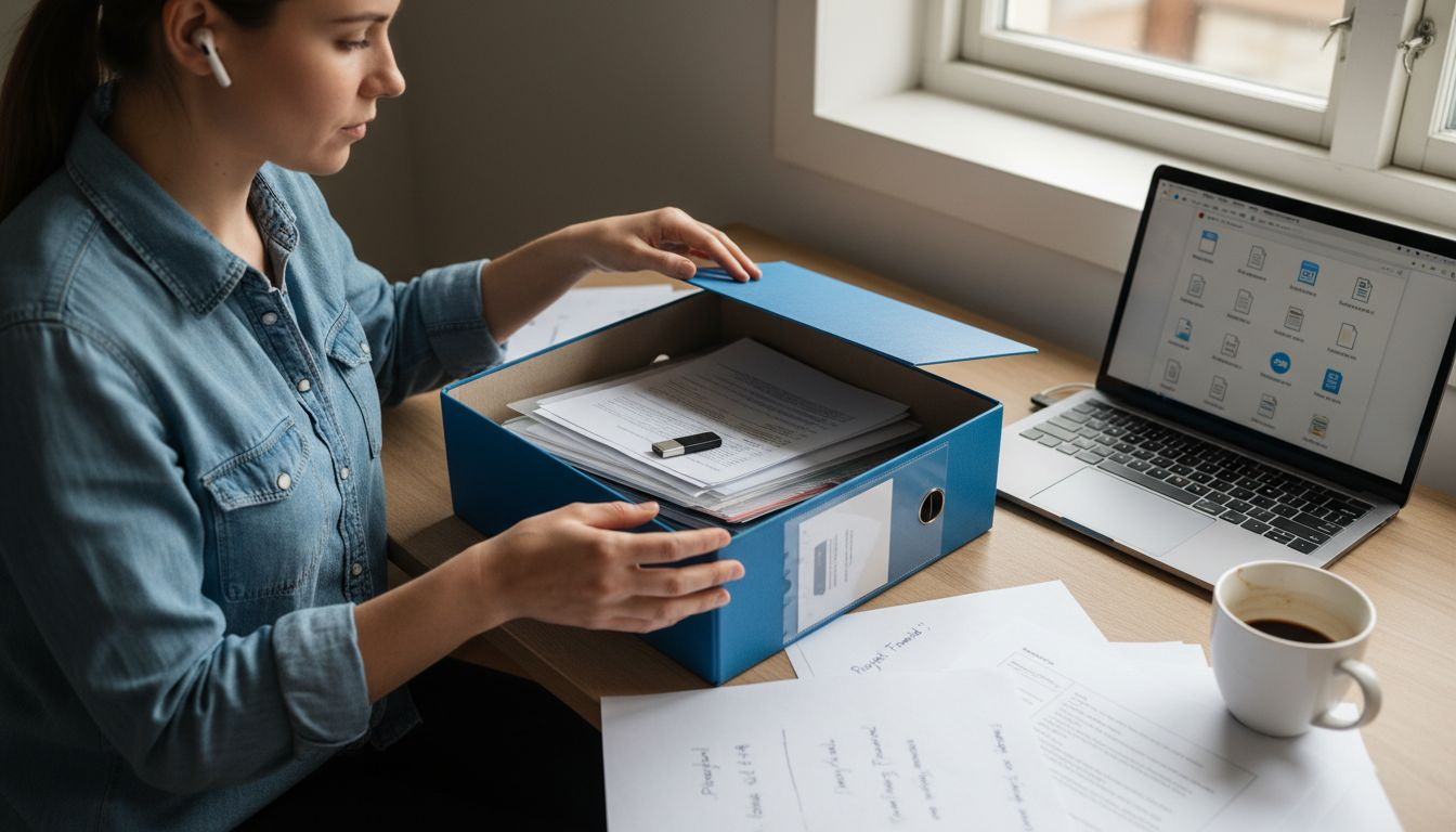 En kvinna sitter vid sitt skrivbord hemma och går igenom sina viktiga papper.