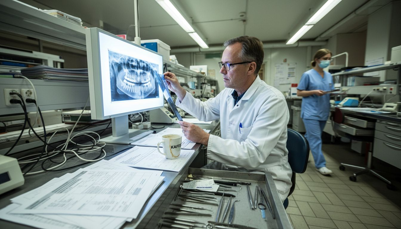 En tandläkarspecialist granskar röntgenbilder noggrant i laboratoriet.