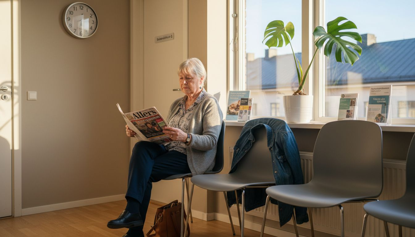 En patient sitter och väntar i väntrummet på en tandvårdsklinik i Göteborg.