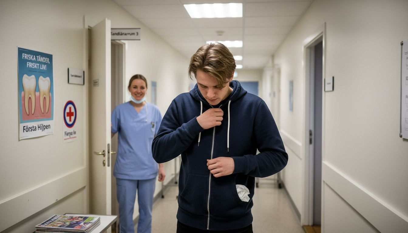 En nervös patient sitter och väntar utanför tandläkarrummet.