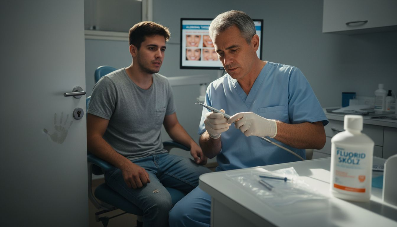 Tandläkaren förbereder bedövning inför behandlingen.