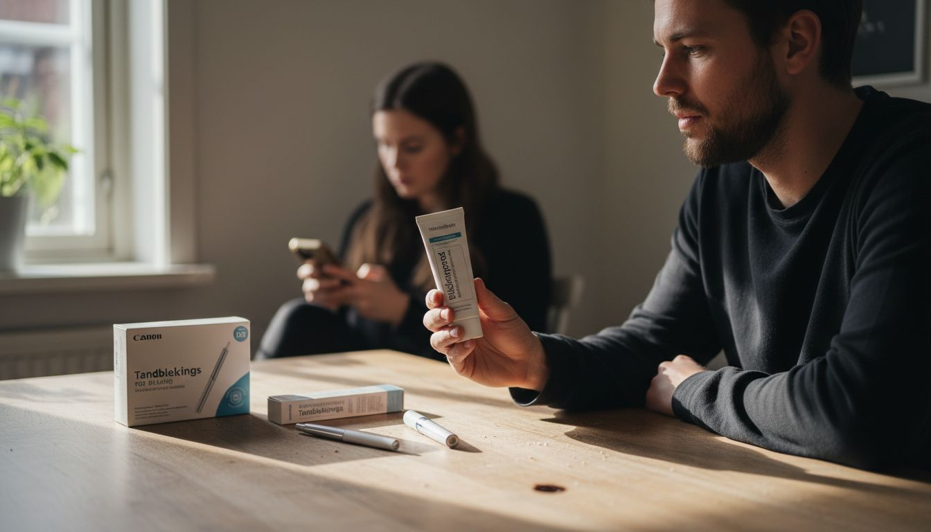 Man sitter hemma vid köksbordet och jämför olika tandblekningsprodukter.