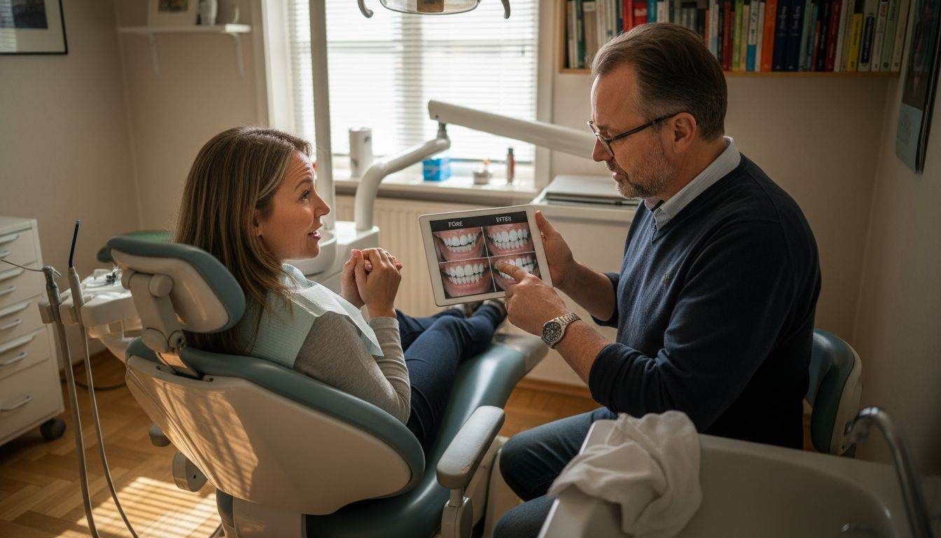 Tandläkaren visar patienten bilder från specialister för att förklara behandlingsalternativ.