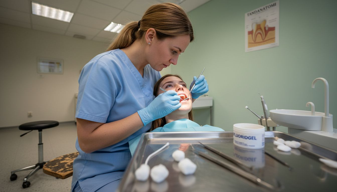 Tandhygienisten gör en noggrann undersökning av tänderna på nära håll.