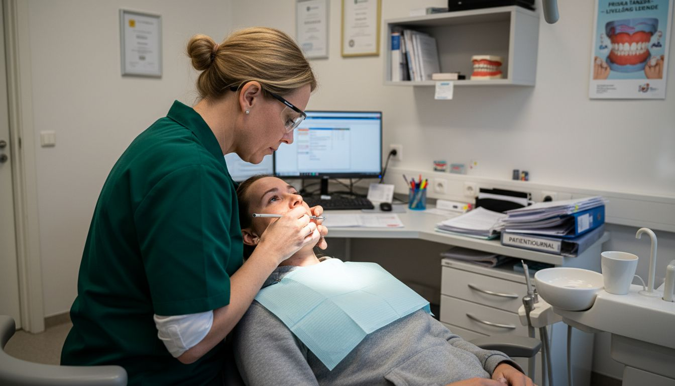 En tandläkare gör en undersökning på en patient inne i behandlingsrummet.